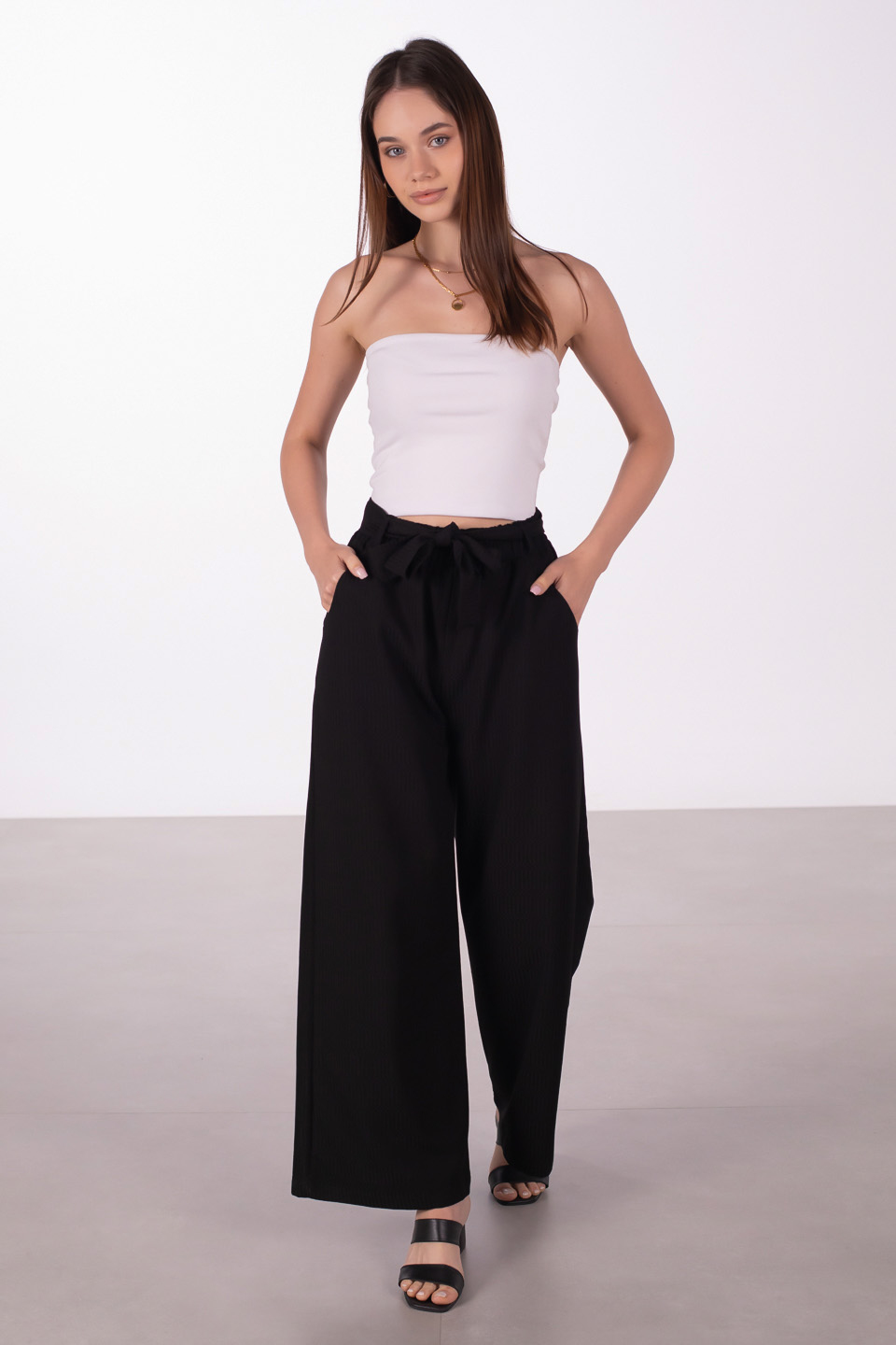 Beli bağlamalı bol paça pantolon-2905 Siyah