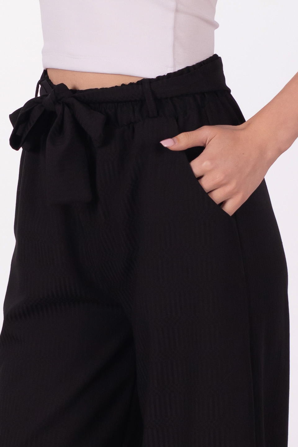 Beli bağlamalı bol paça pantolon-2905 Siyah