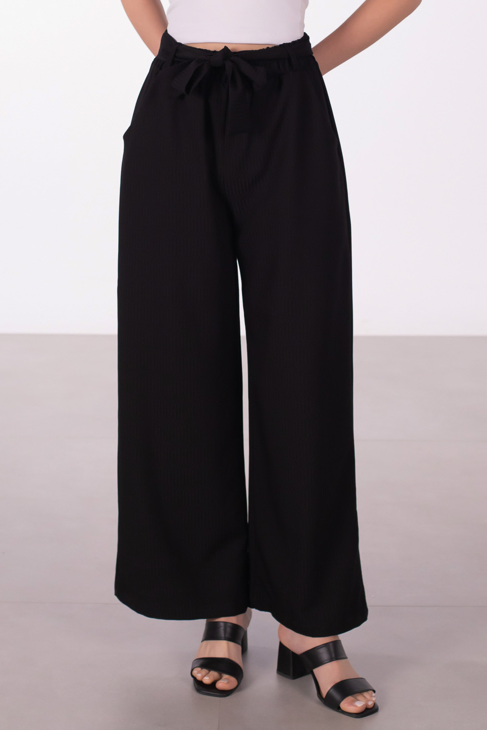 Beli bağlamalı bol paça pantolon-2905 Siyah