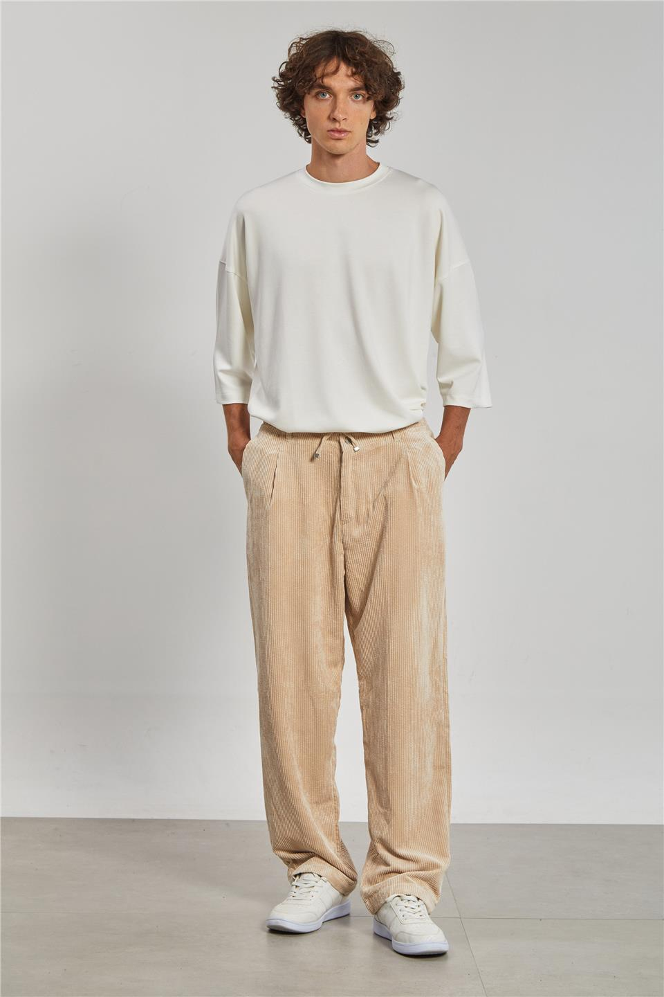 Beli Bağlamalı Kadife Erkek Pantolon - Taş Rengi