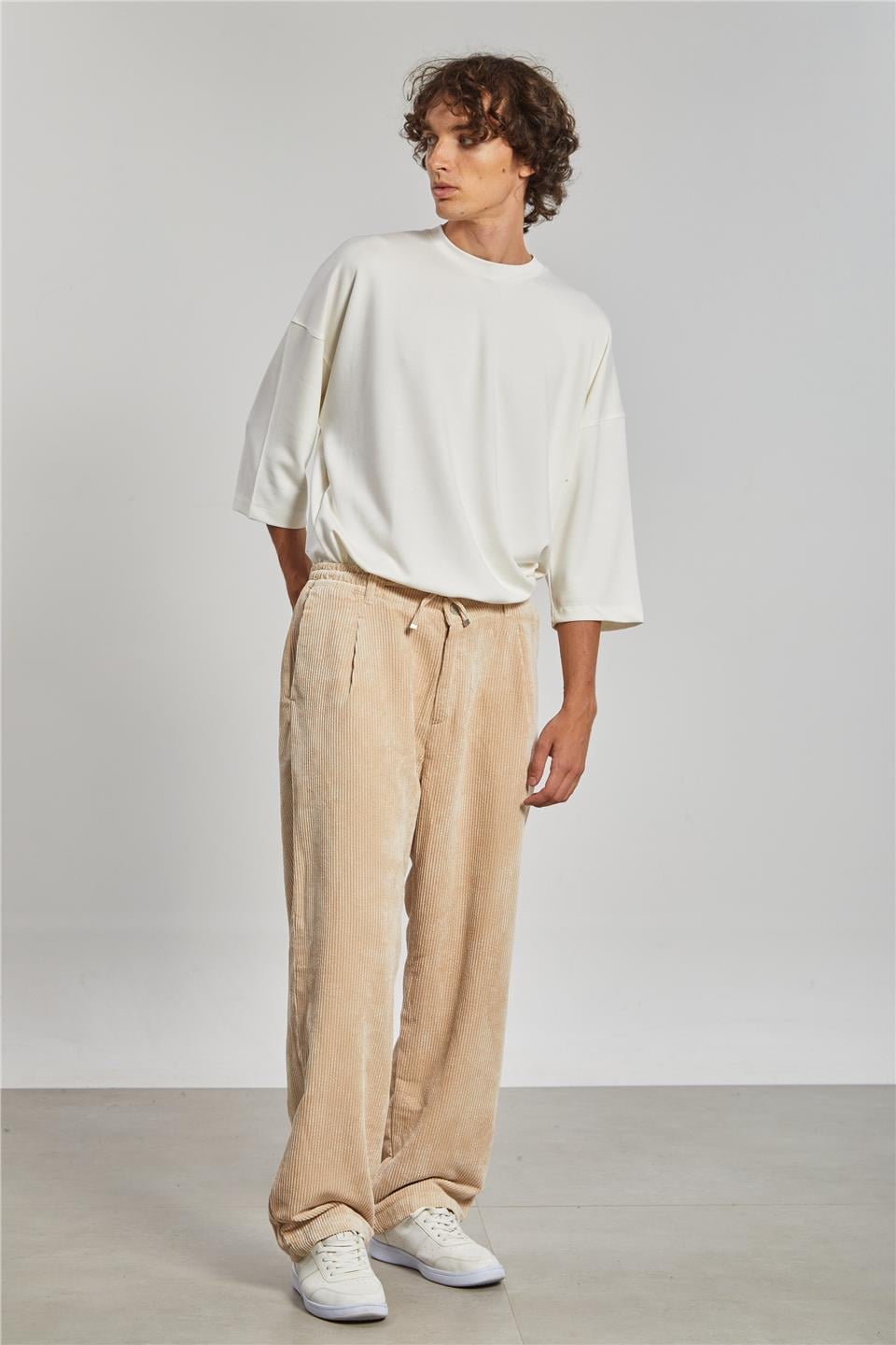 Beli Bağlamalı Kadife Erkek Pantolon - Taş Rengi