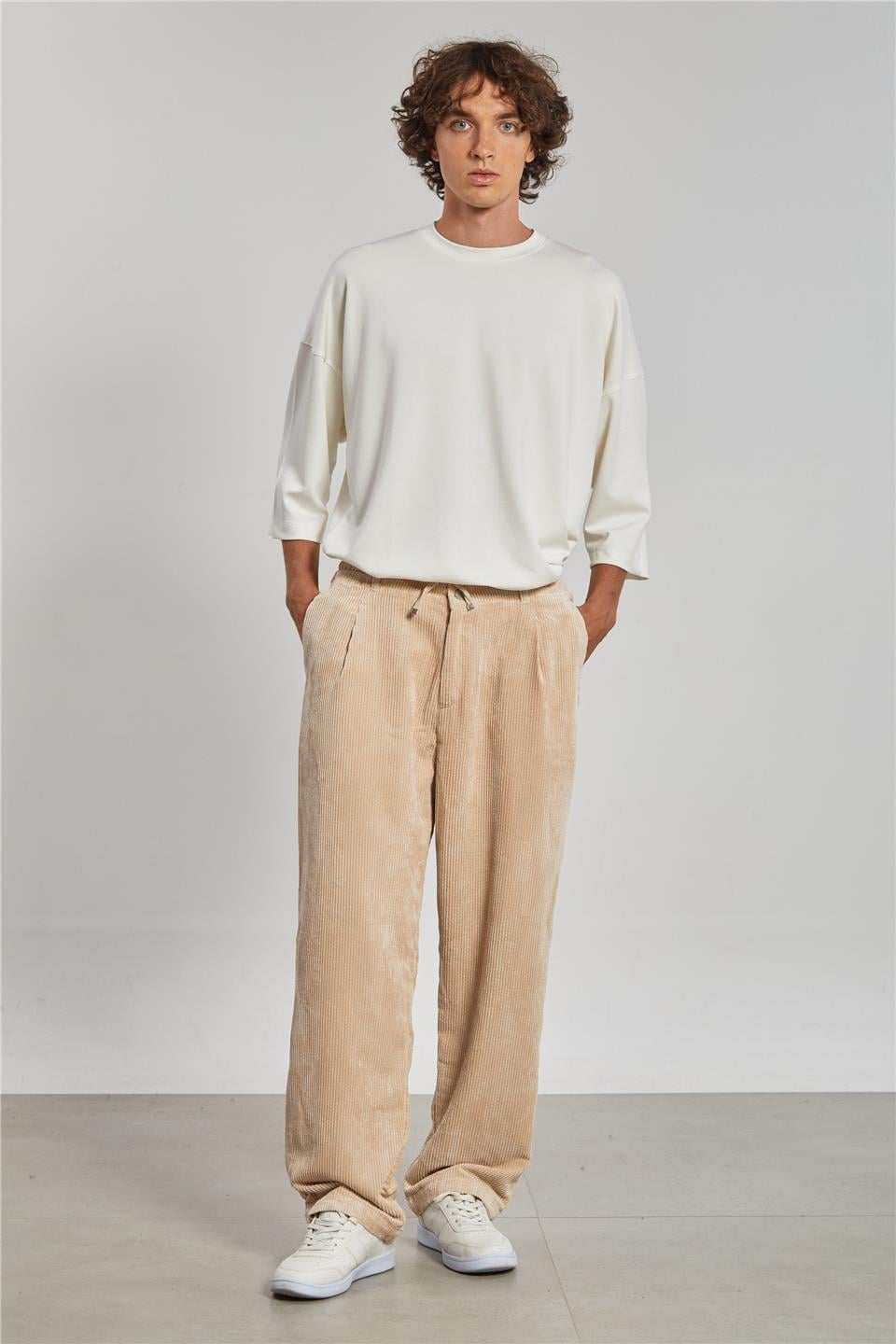 Beli Bağlamalı Kadife Erkek Pantolon - Taş Rengi