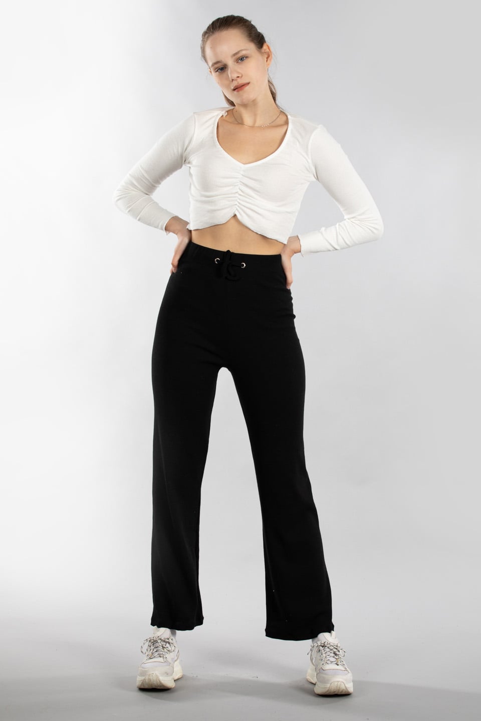 Beli bağlamalı kaşkorse pantolon-6124 Siyah
