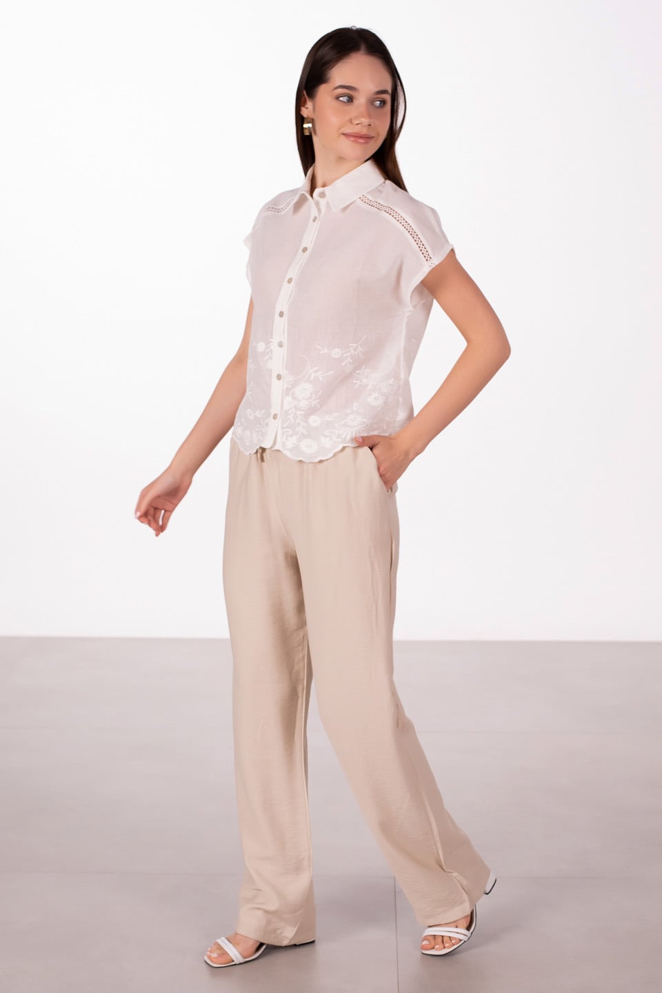 Beli bağlamalı keten bol paça pantolon-2306 Taş