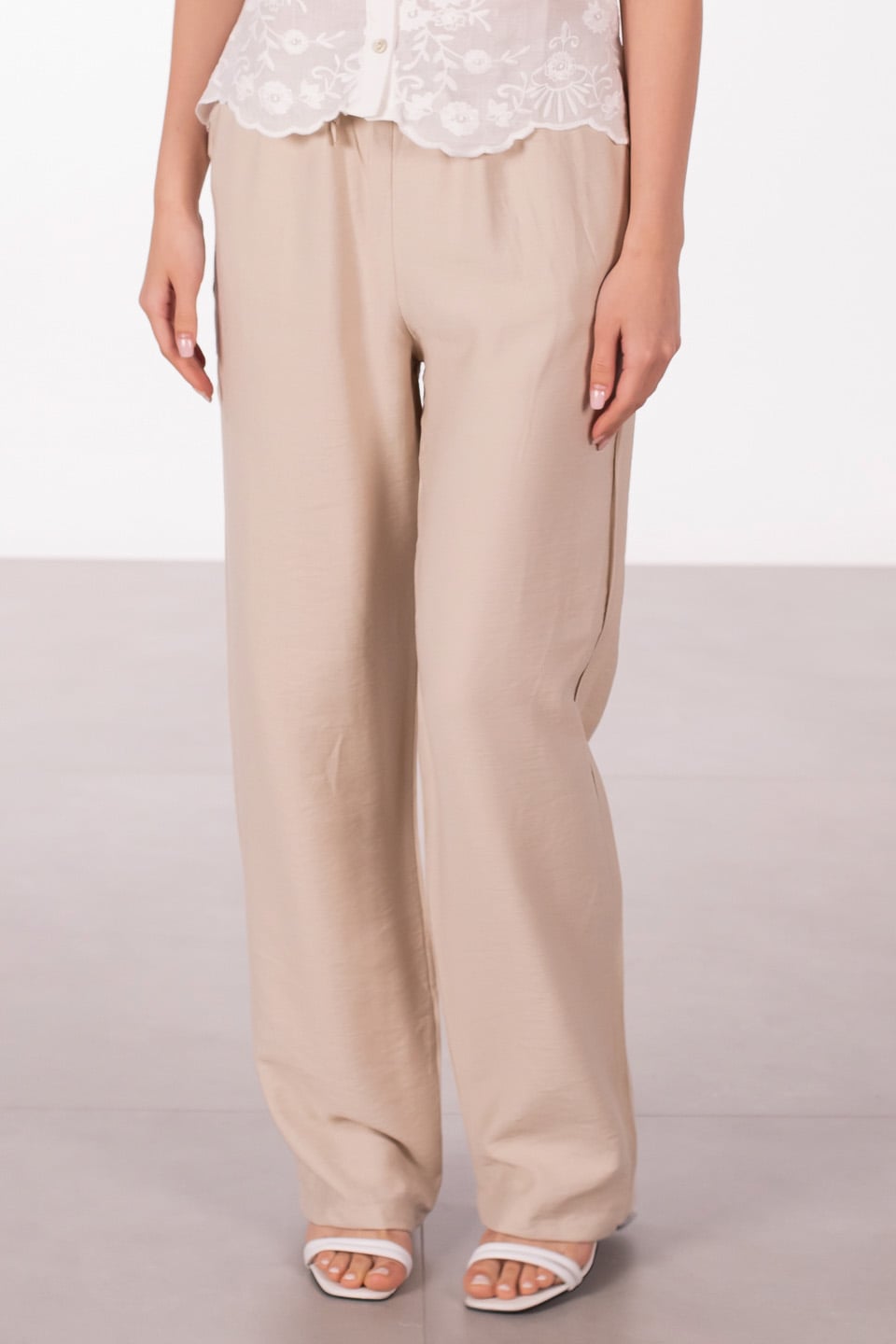 Beli bağlamalı keten bol paça pantolon-2306 Taş