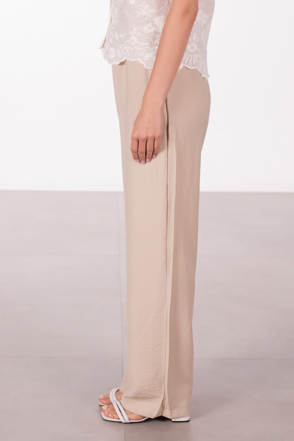 Beli bağlamalı keten bol paça pantolon-2306 Taş