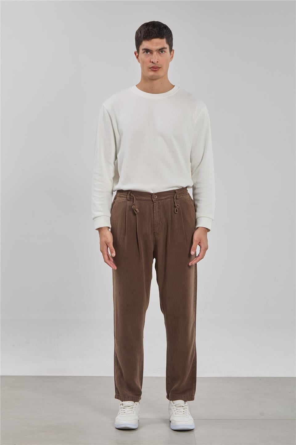 Beli bağlamalı tensel pantolon-9152 Kahve