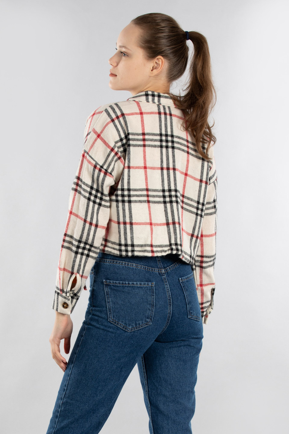 Beli büzgülü çift cepli ekose crop gömlek-20463 Kırmızı