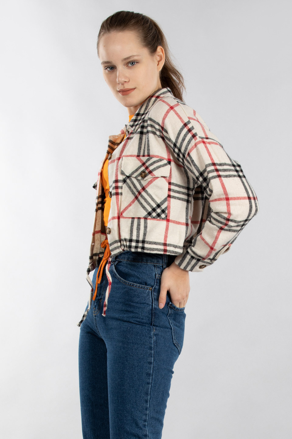 Beli büzgülü çift cepli ekose crop gömlek-20463 Kırmızı