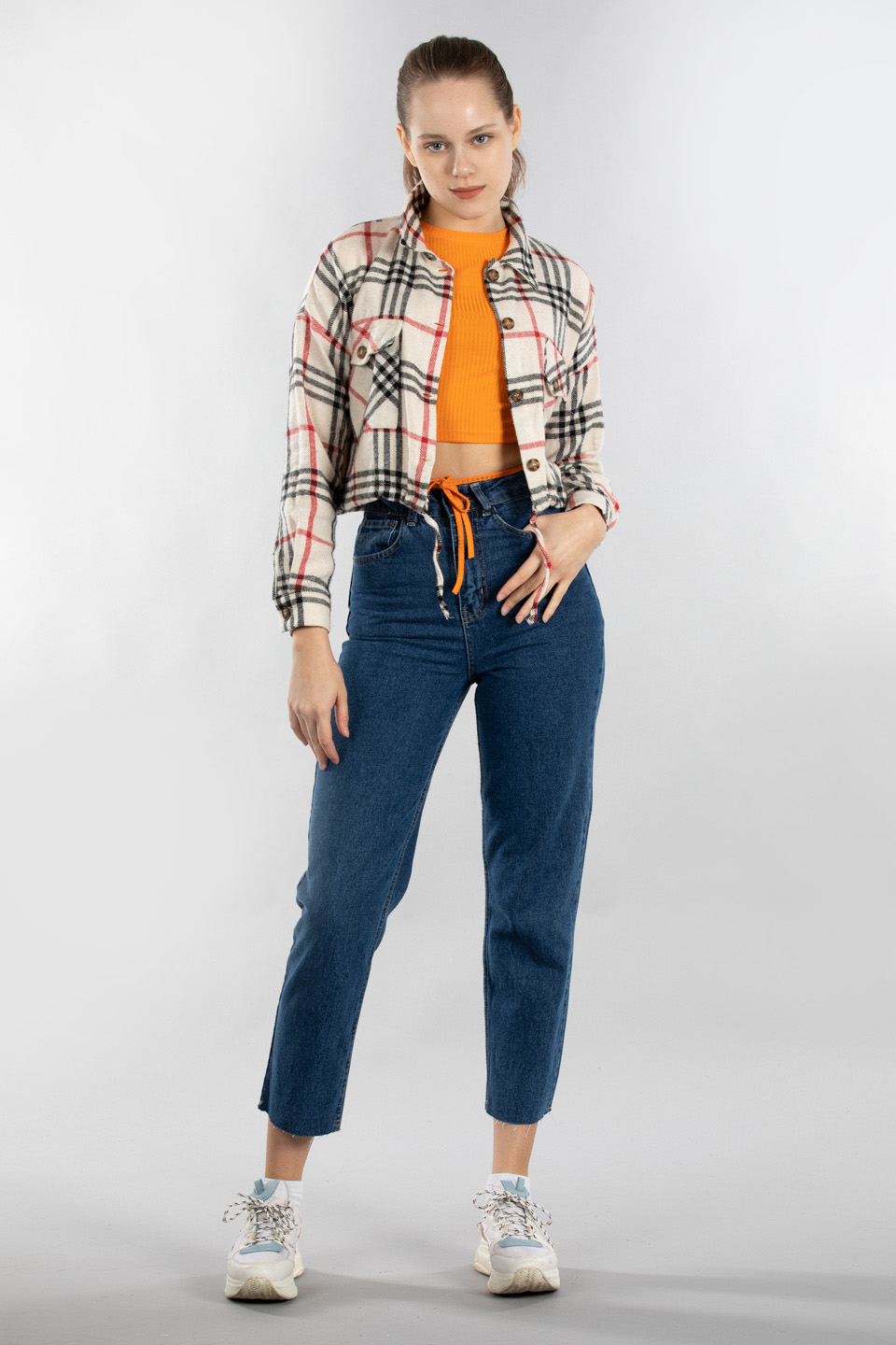 Beli büzgülü çift cepli ekose crop gömlek-20463 Kırmızı