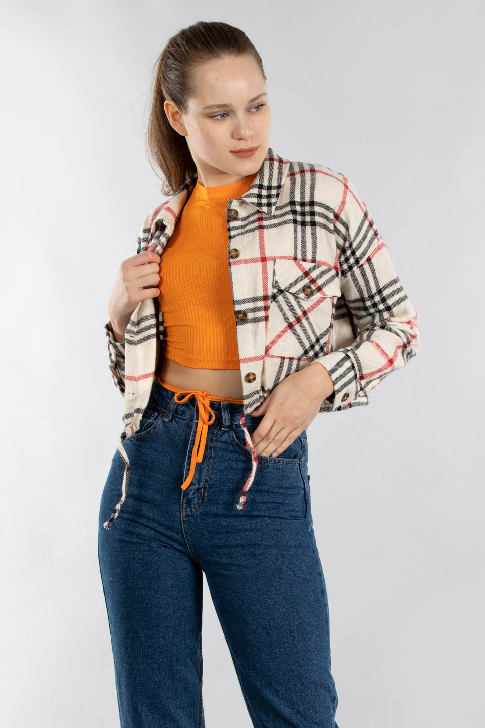 Beli büzgülü çift cepli ekose crop gömlek-20463 Kırmızı