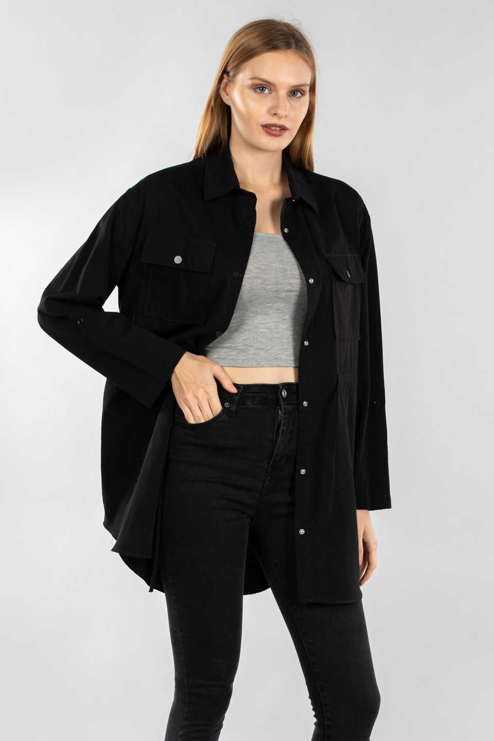 Beli büzgülü çıtçıtlı tunik-21-5095 Siyah