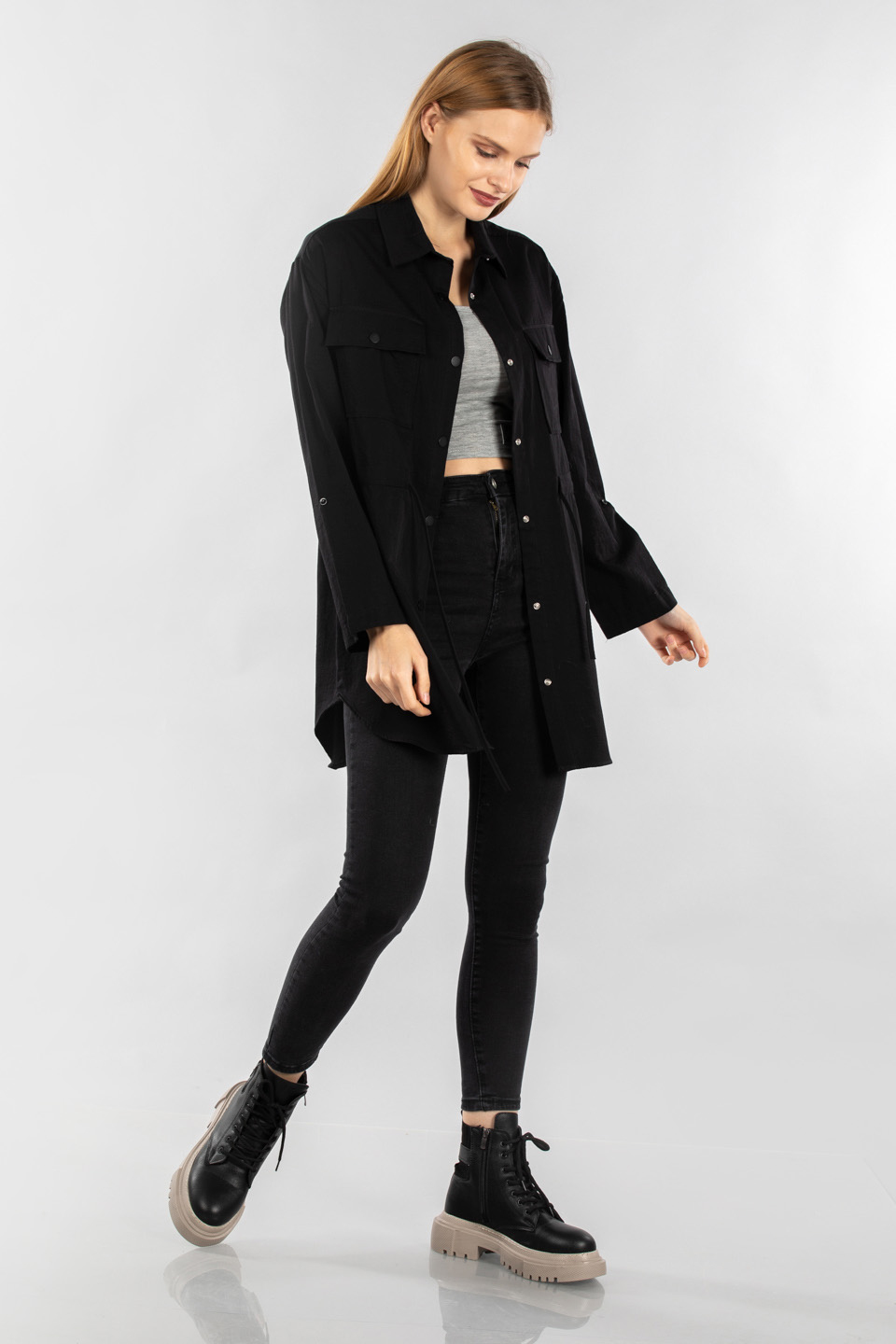 Beli büzgülü çıtçıtlı tunik-21-5095 Siyah