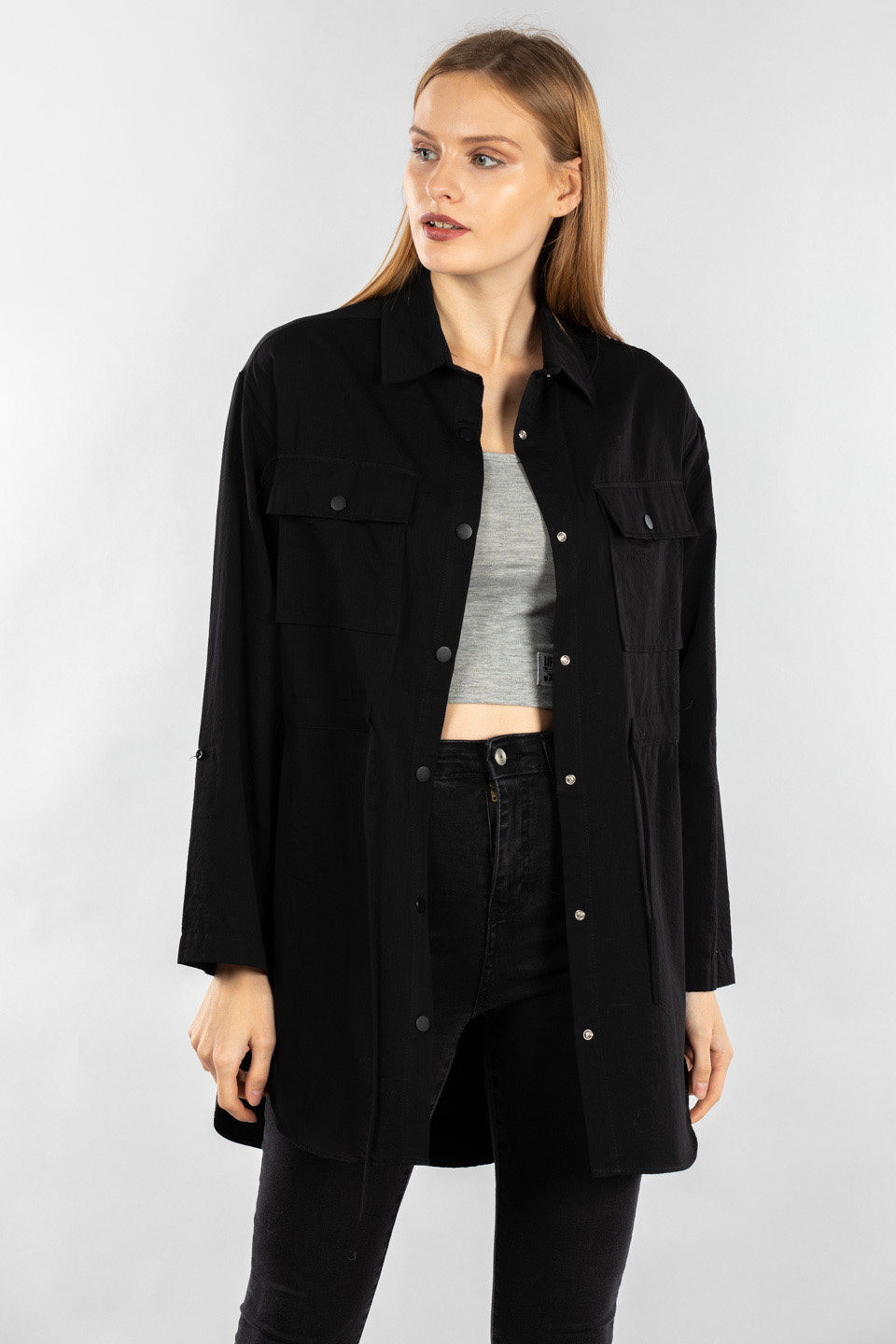 Beli büzgülü çıtçıtlı tunik-21-5095 Siyah