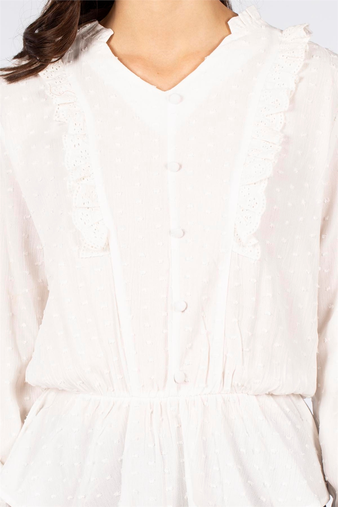 Beli Büzgülü Dantel Detay Bluz-Ekru