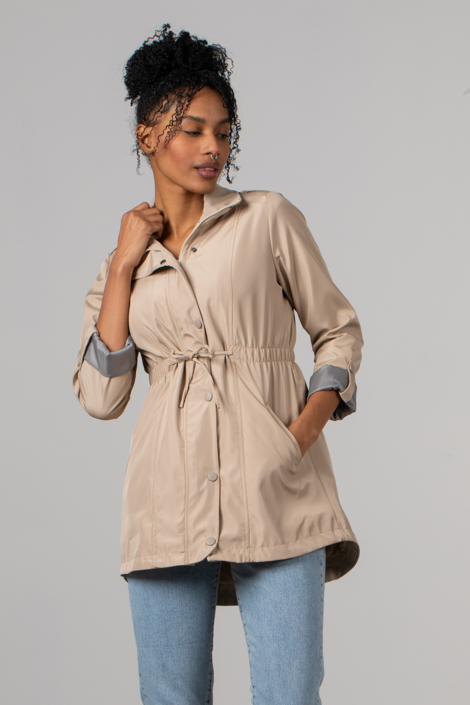Beli büzgülü kısa trench-5669 Taş