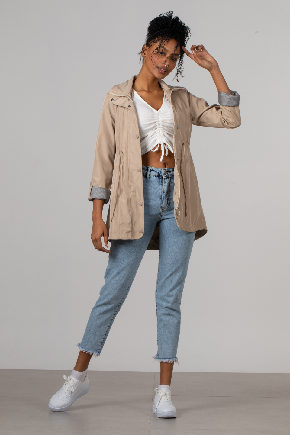 Beli büzgülü kısa trench-5669 Taş