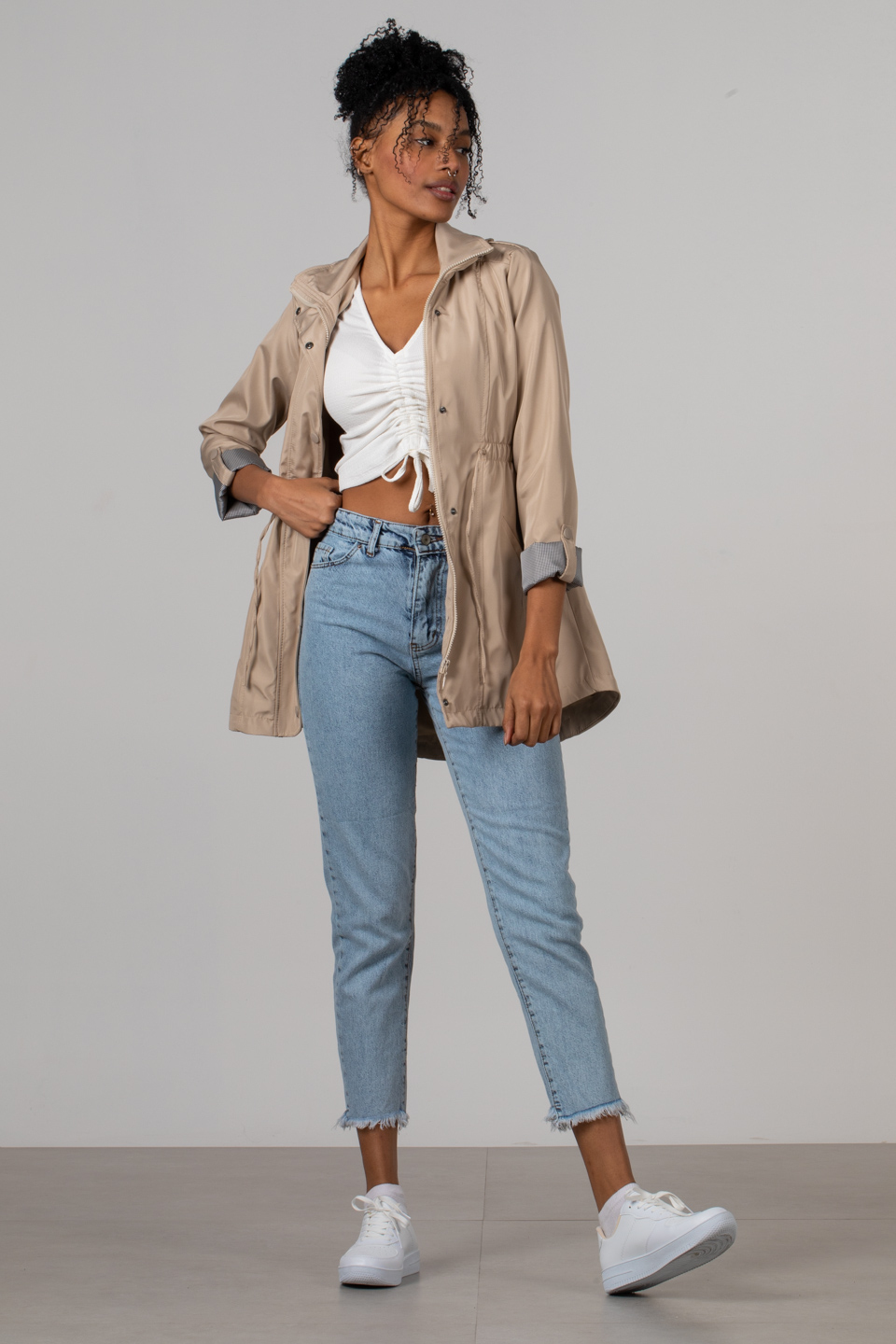 Beli büzgülü kısa trench-5669 Taş