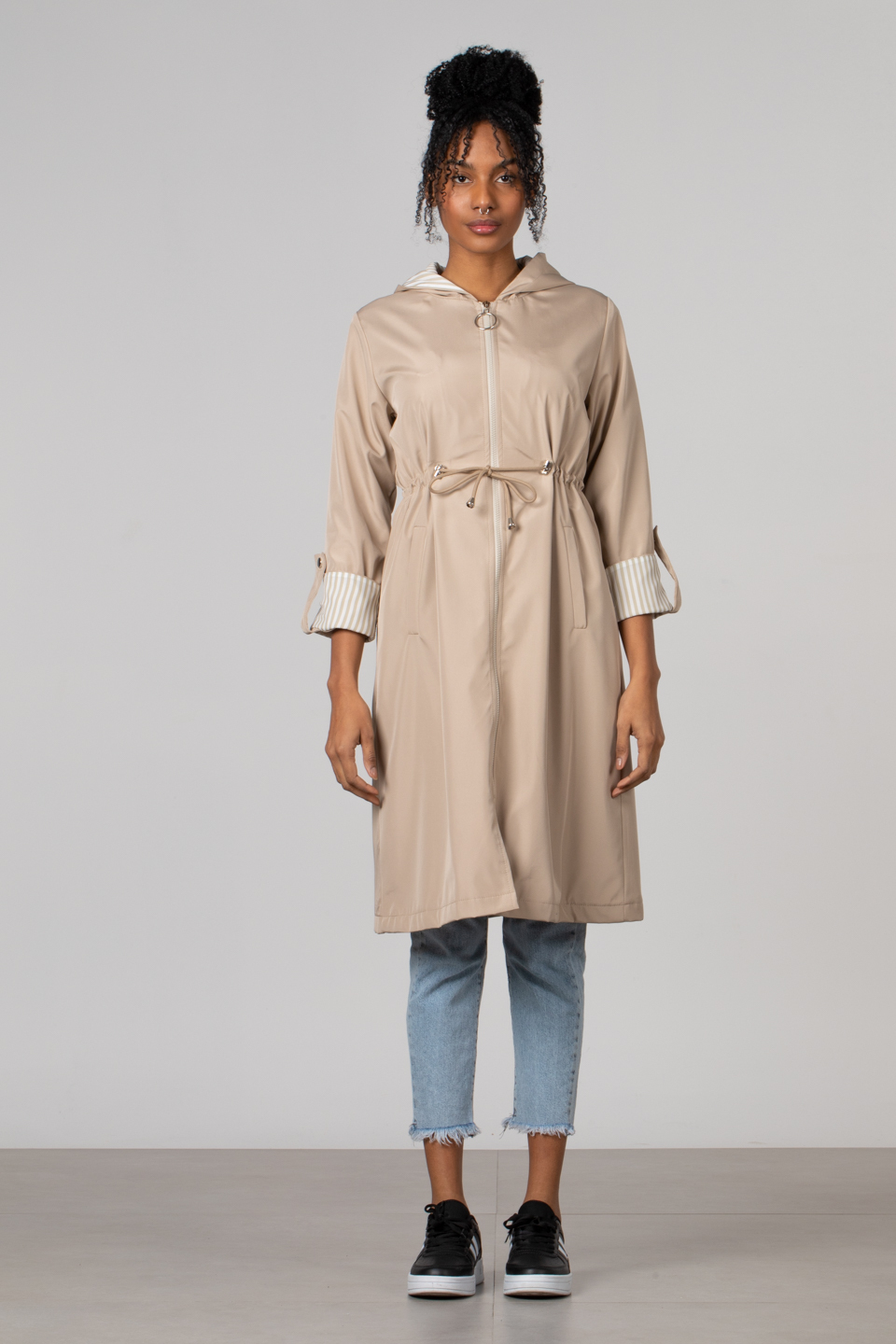 Beli büzgülü trench-9091 Taş