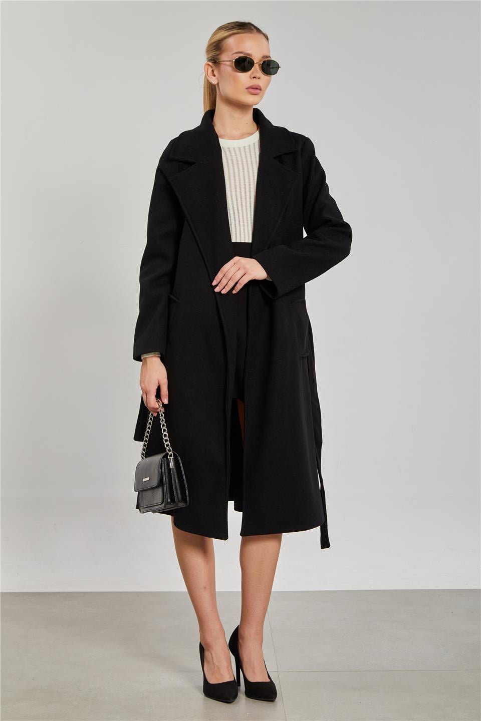 Beli kuşaklı regular fit kaşe kaban-6637 Siyah