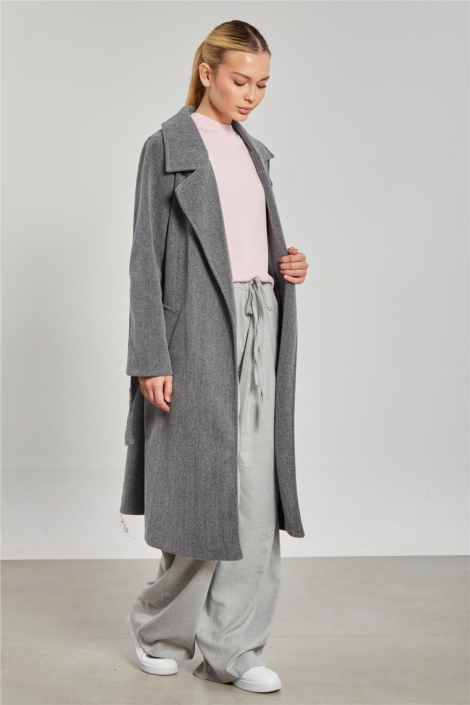 Beli kuşaklı regular fit kaşe kaban-6637 Gri
