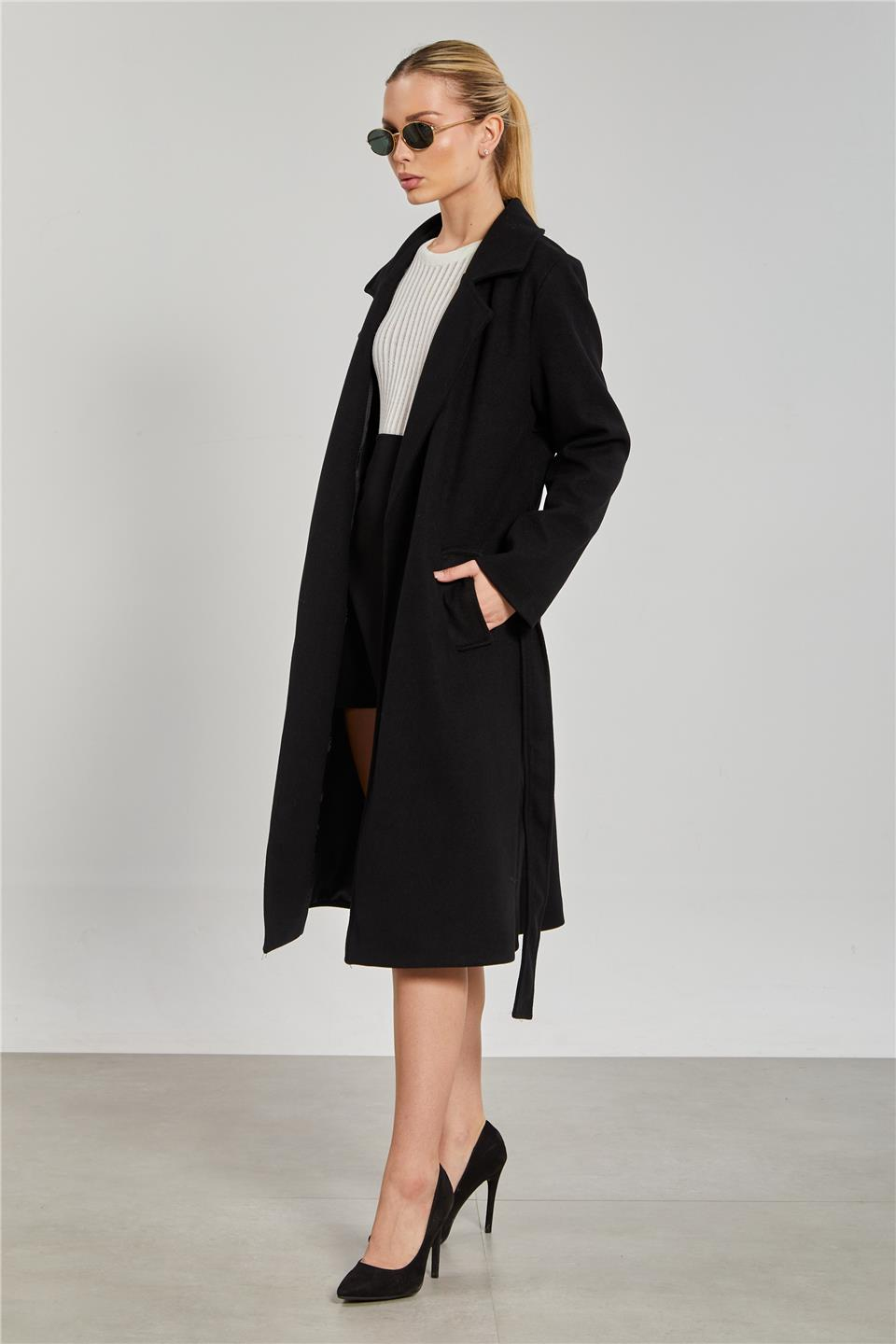 Beli kuşaklı regular fit kaşe kaban-6637 Siyah