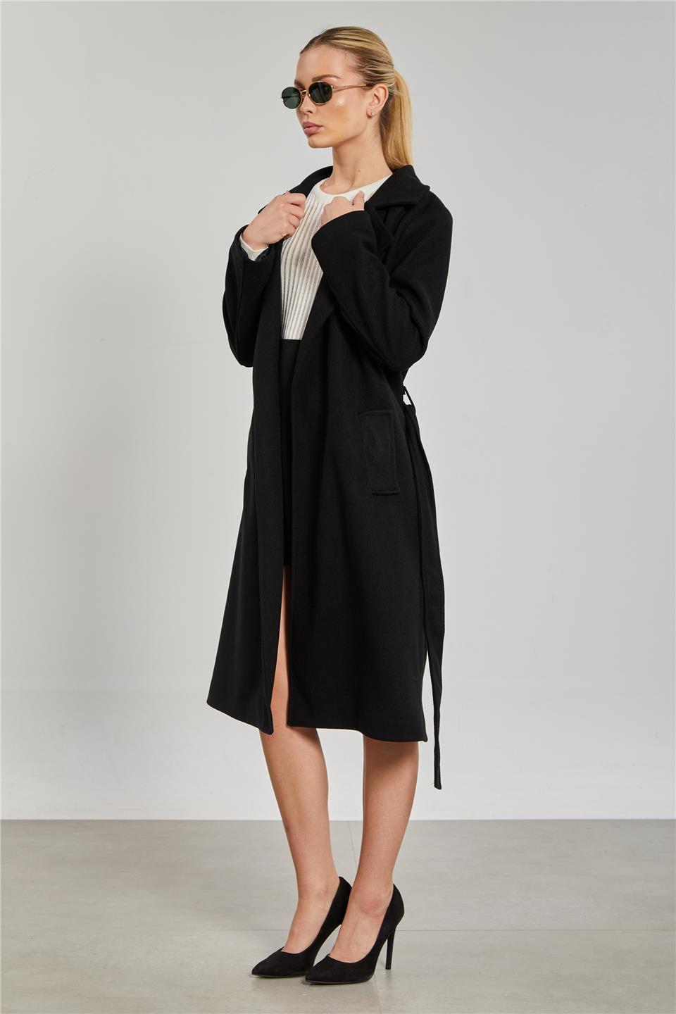Beli kuşaklı regular fit kaşe kaban-6637 Siyah