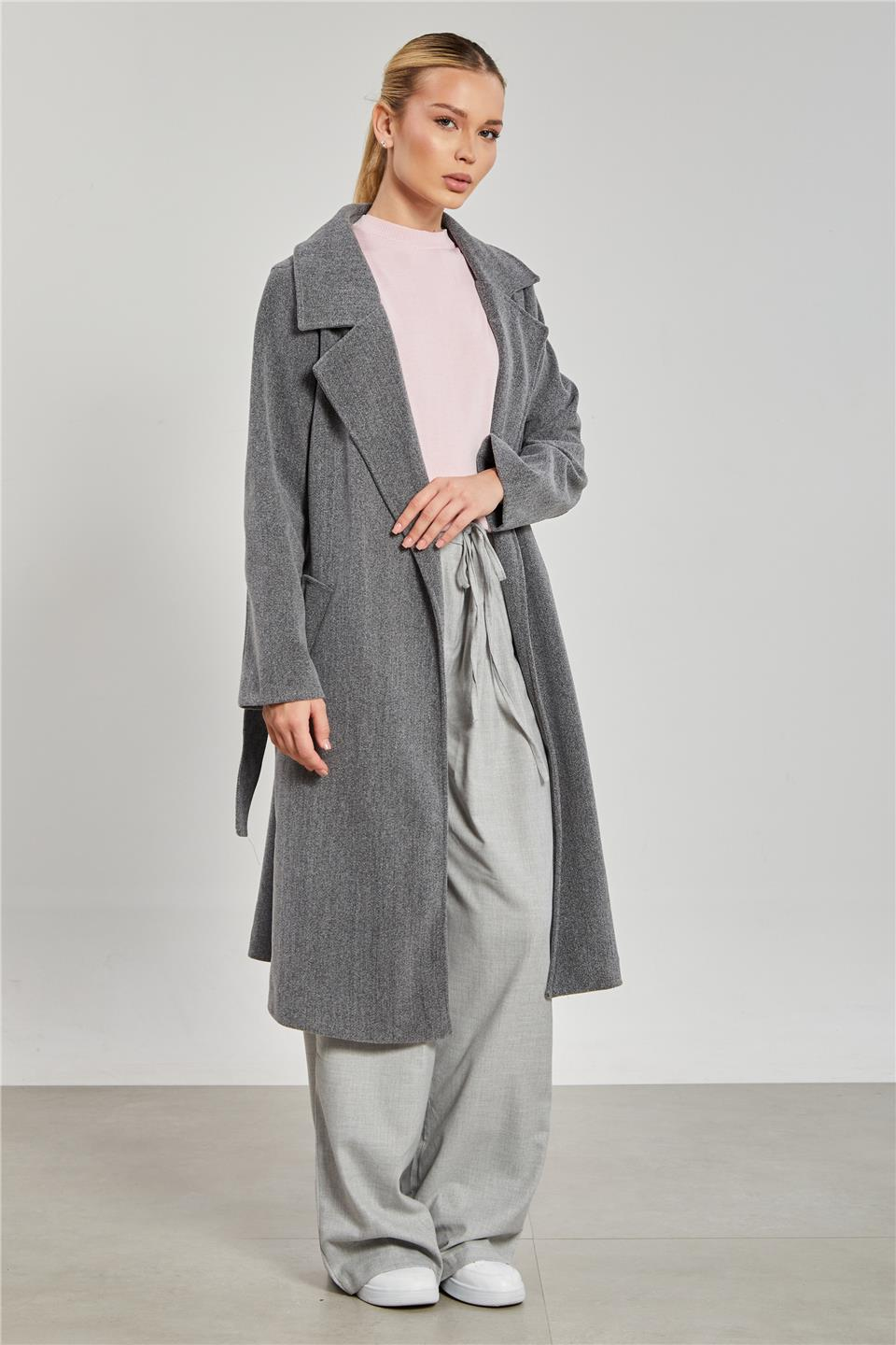 Beli kuşaklı regular fit kaşe kaban-6637 Gri