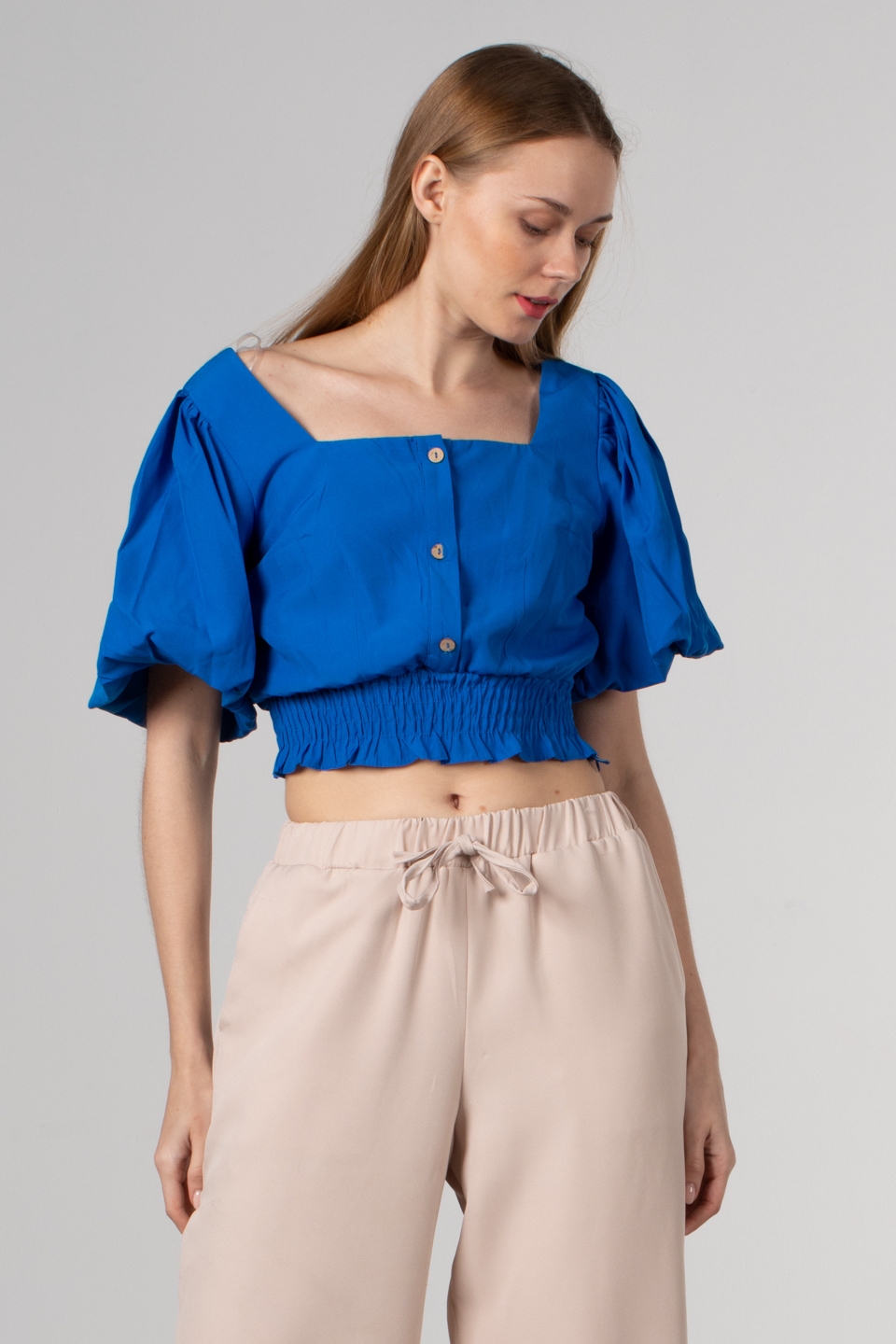 Beli lastikli balon bluz-1455 Saks
