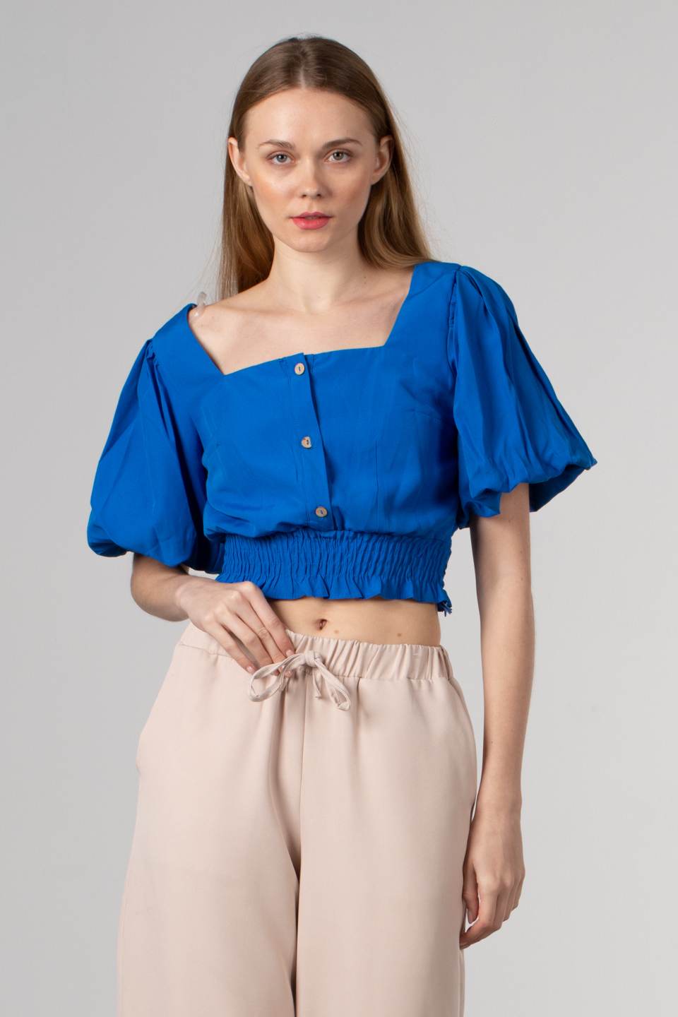 Beli lastikli balon bluz-1455 Saks