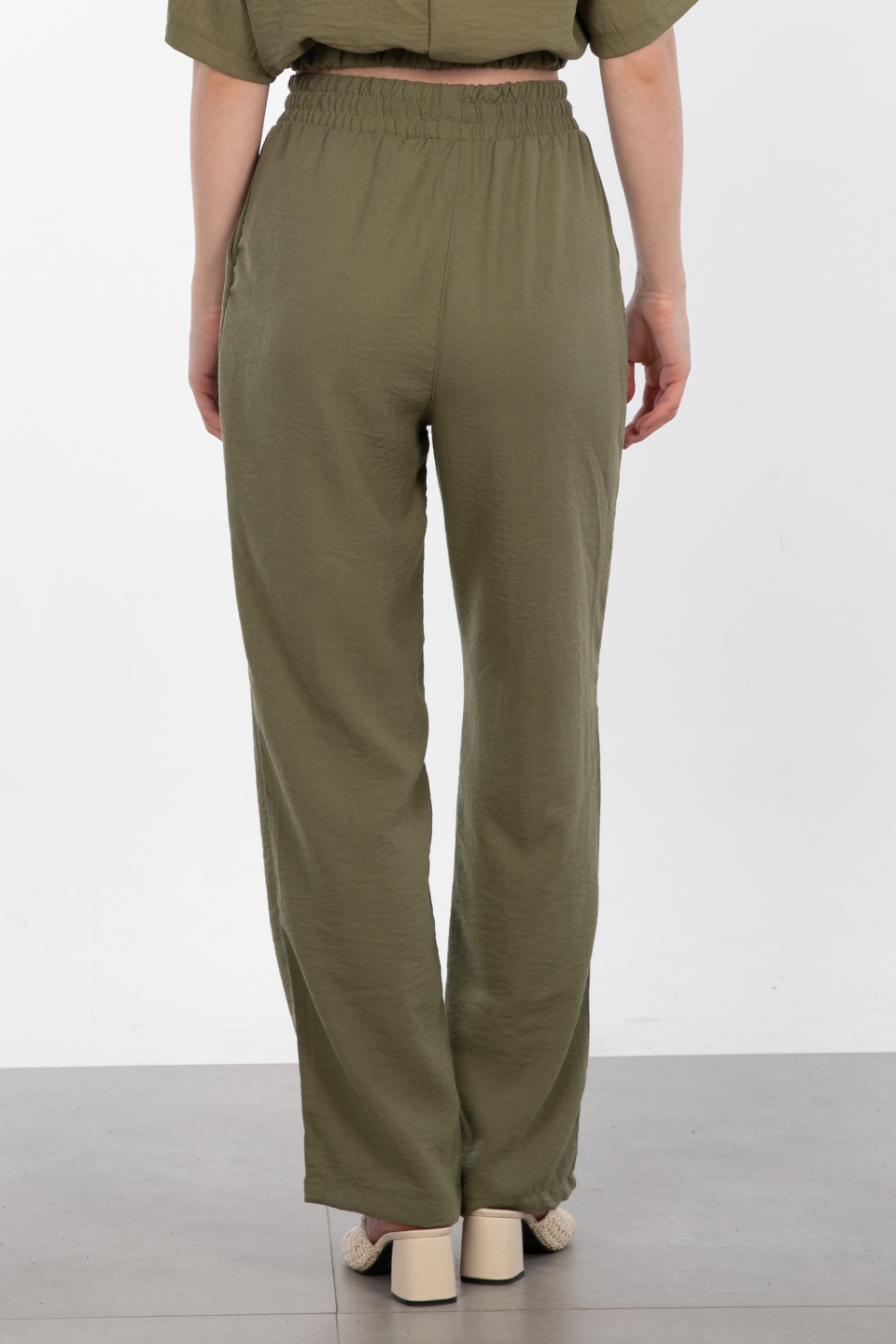 Beli lastikli bol paça pantolon-6978 Haki