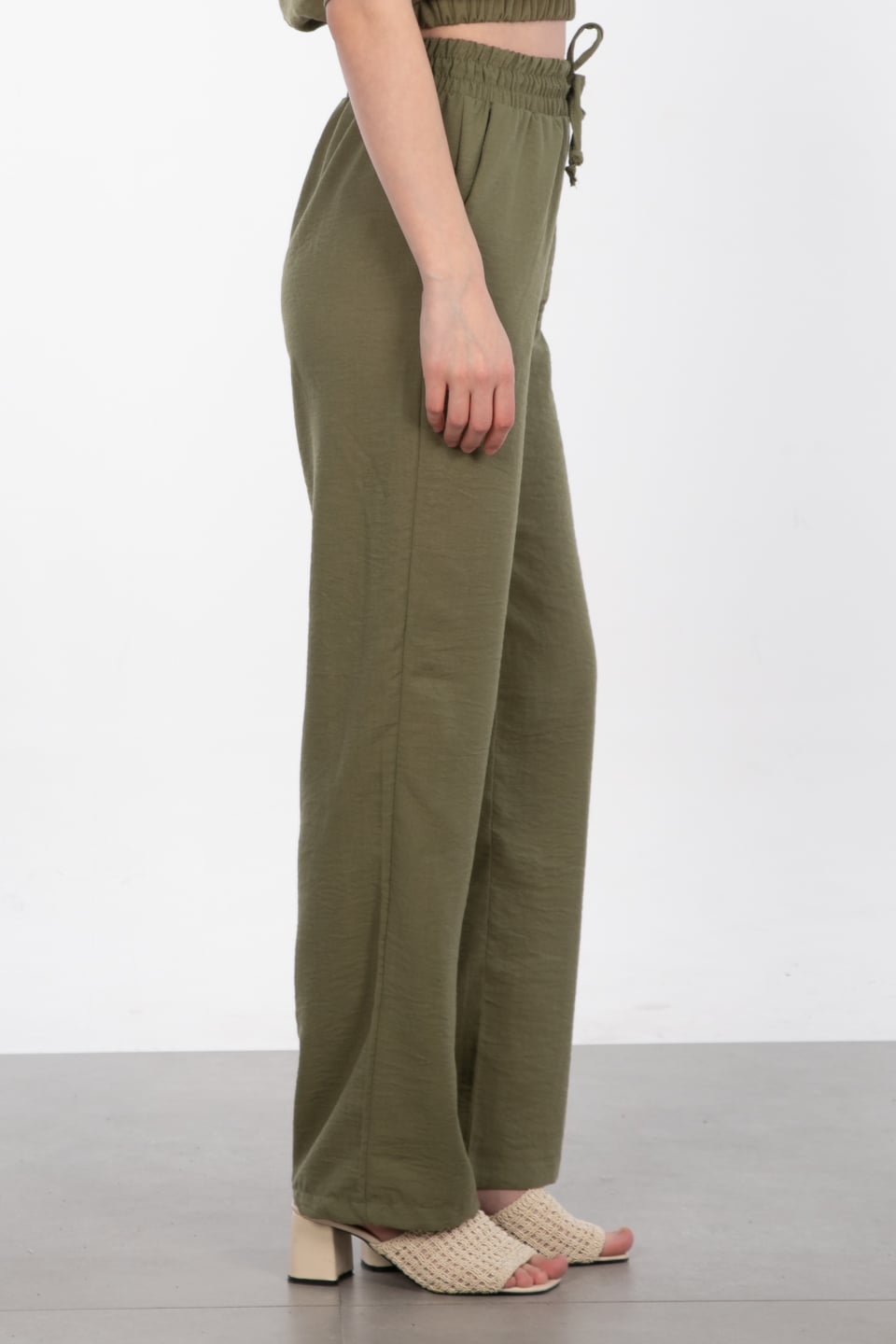 Beli lastikli bol paça pantolon-6978 Haki