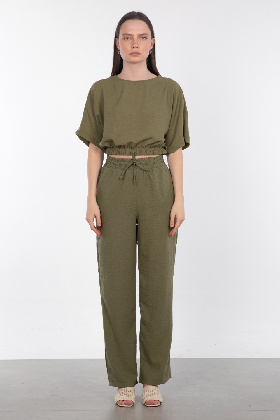 Beli lastikli bol paça pantolon-6978 Haki