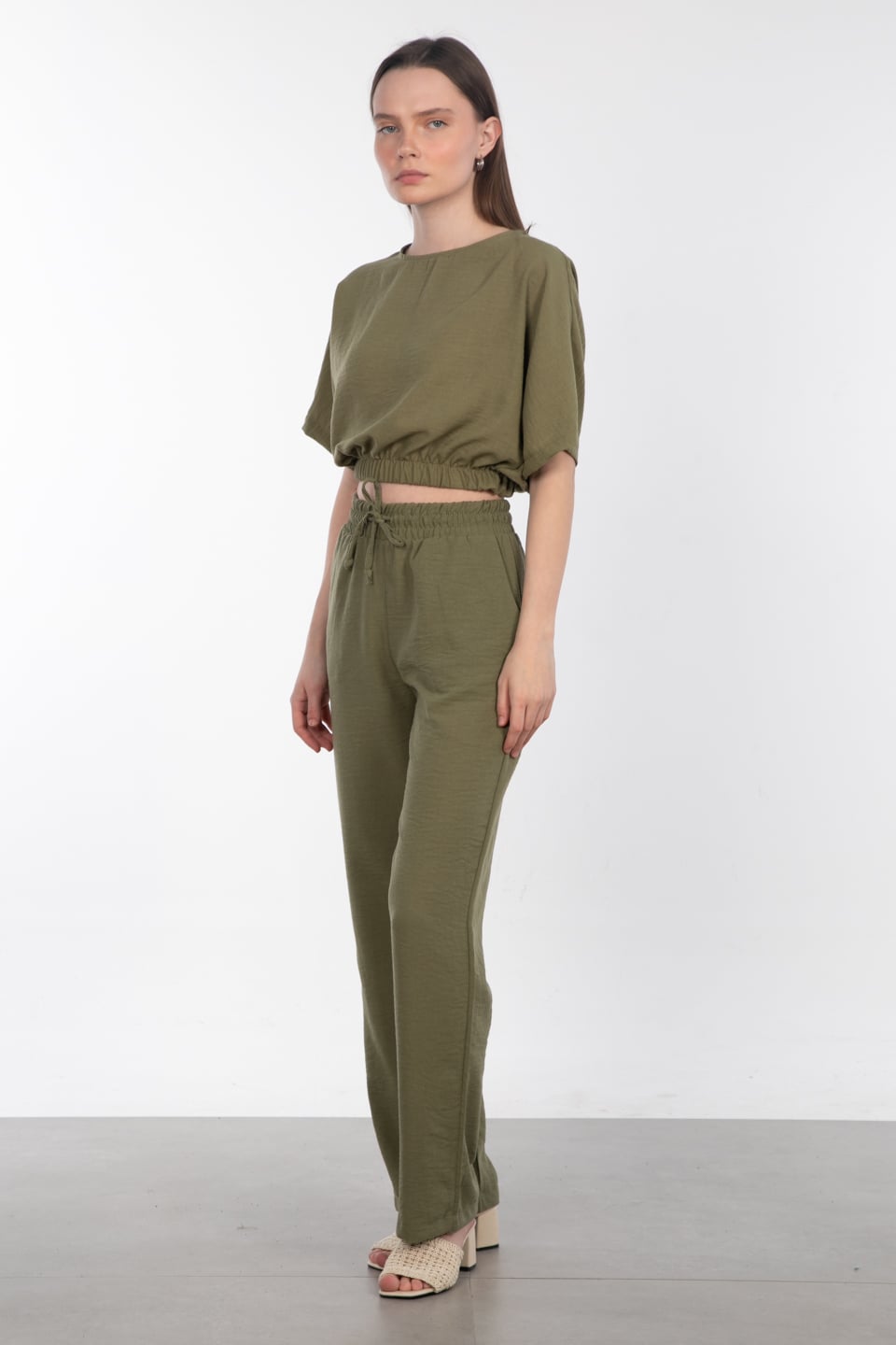 Beli lastikli bol paça pantolon-6978 Haki