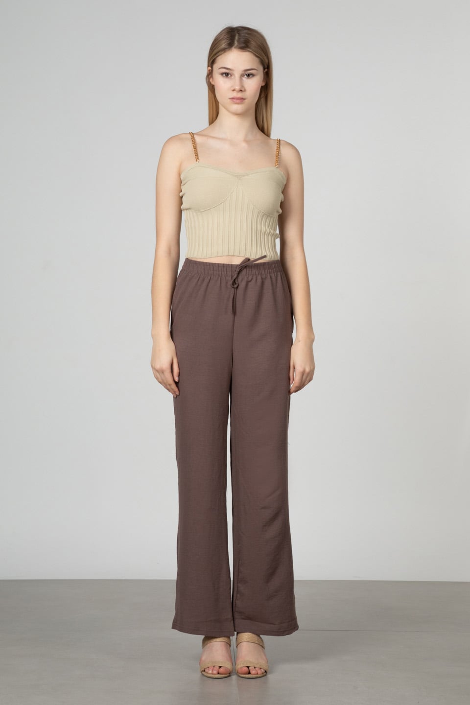 Beli lastikli bol paça pantolon-DVN0161 K.Kahve
