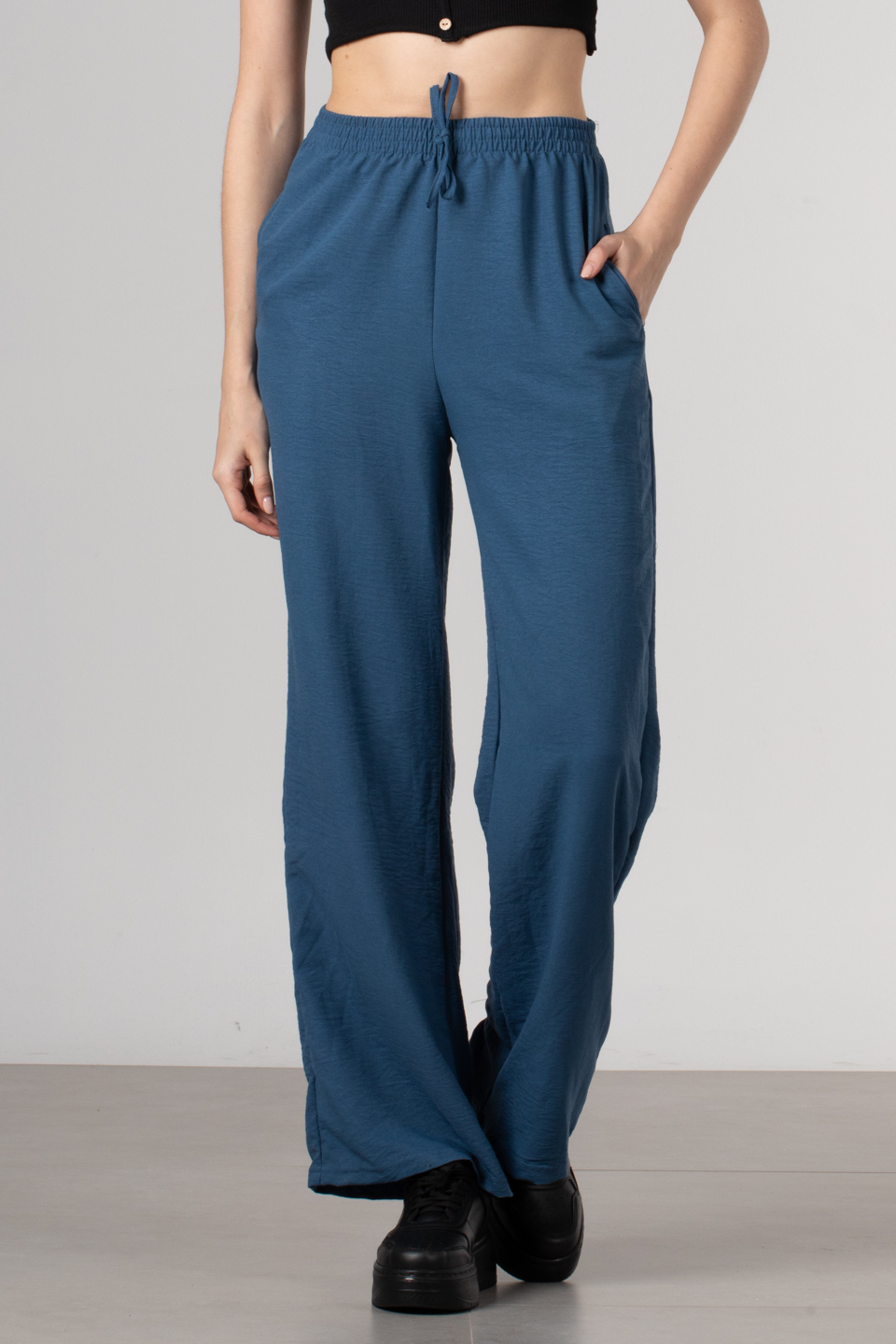 Beli lastikli bol paça pantolon-DVN0161 İndigo