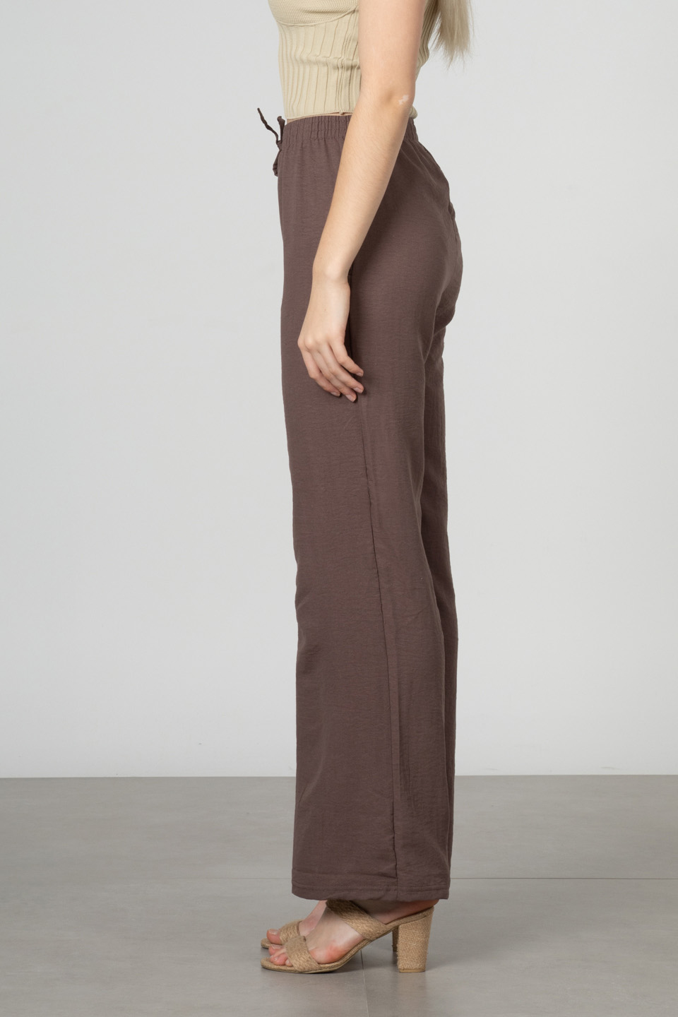 Beli lastikli bol paça pantolon-DVN0161 K.Kahve