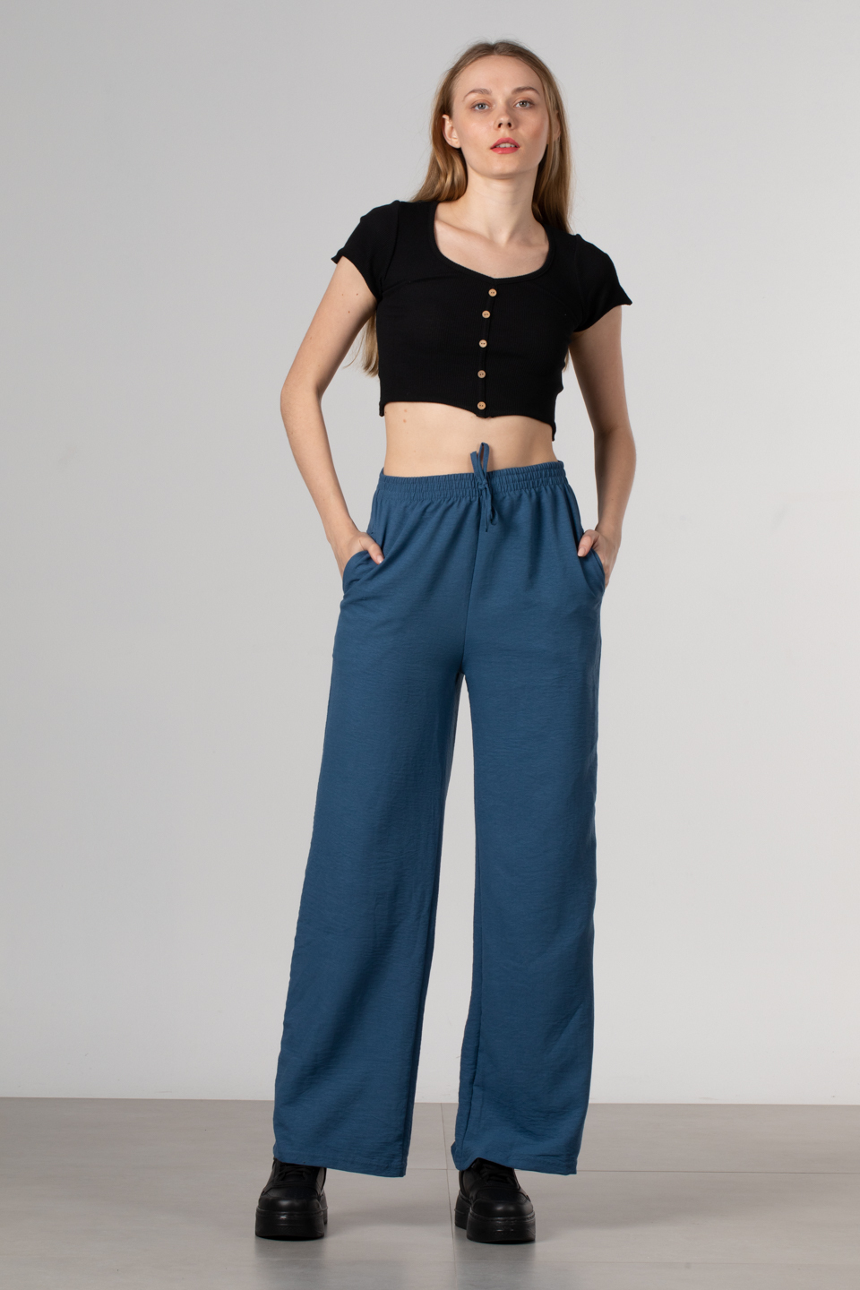 Beli lastikli bol paça pantolon-DVN0161 İndigo