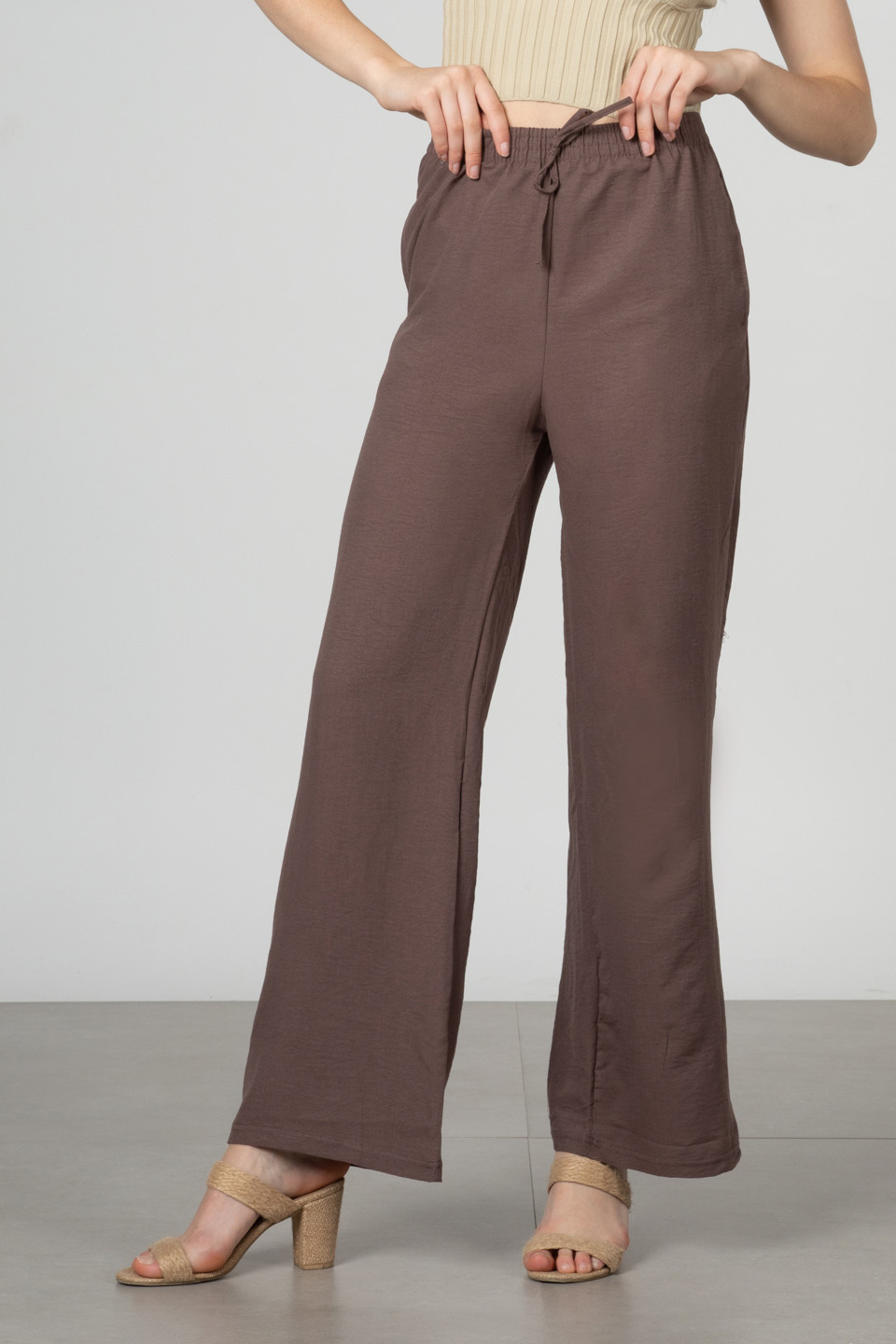 Beli lastikli bol paça pantolon-DVN0161 K.Kahve