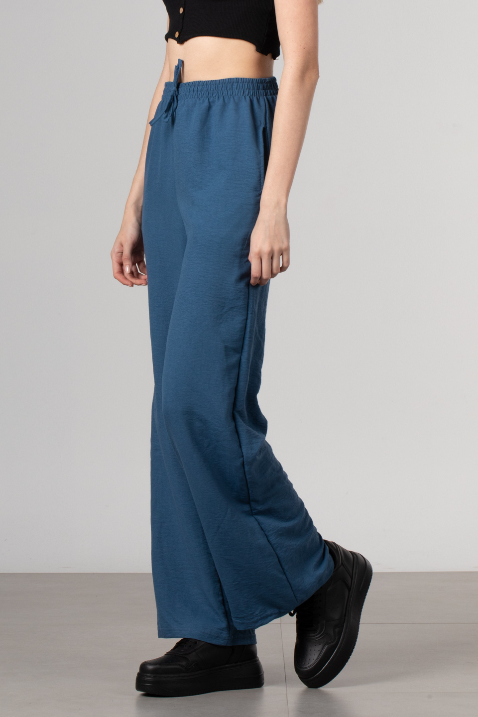 Beli lastikli bol paça pantolon-DVN0161 İndigo