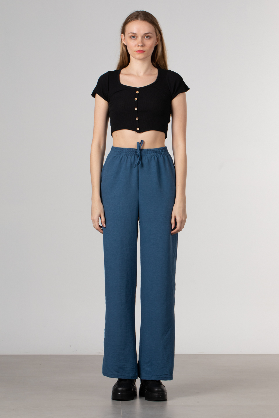 Beli lastikli bol paça pantolon-DVN0161 İndigo