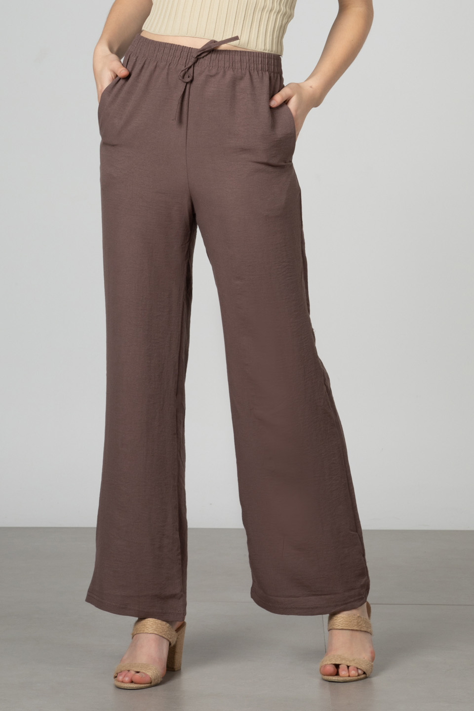 Beli lastikli bol paça pantolon-DVN0161 K.Kahve