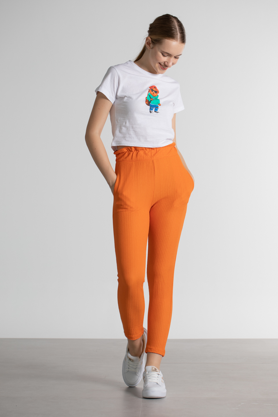 Beli lastikli bürümcük pantolon-3490 Oranj
