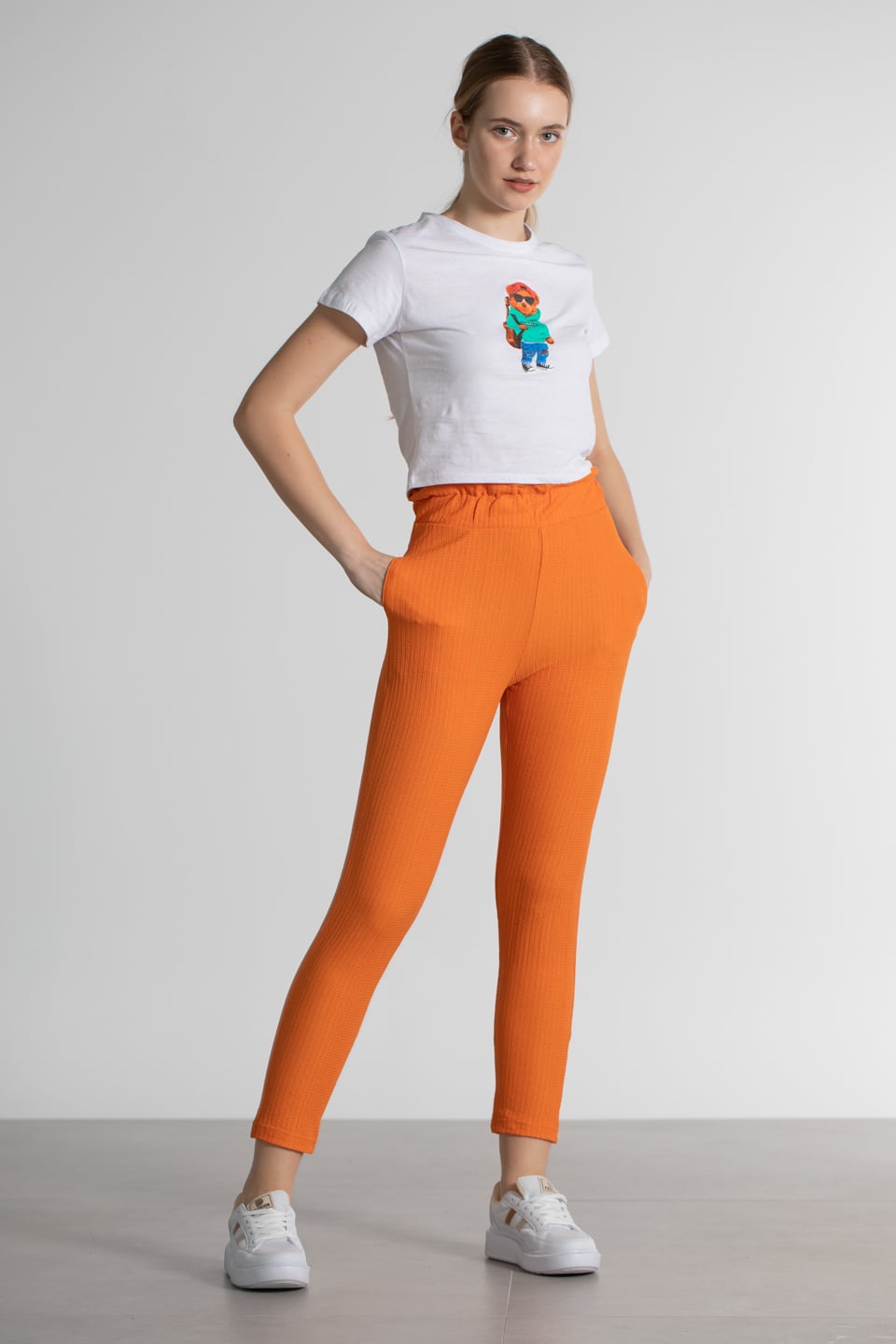 Beli lastikli bürümcük pantolon-3490 Oranj