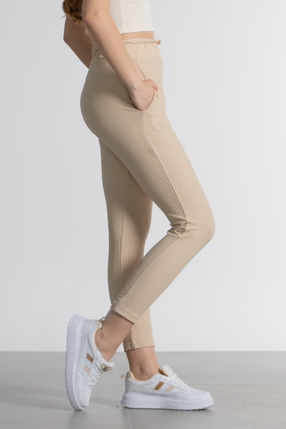 Beli lastikli bürümcük pantolon-3490 Taş