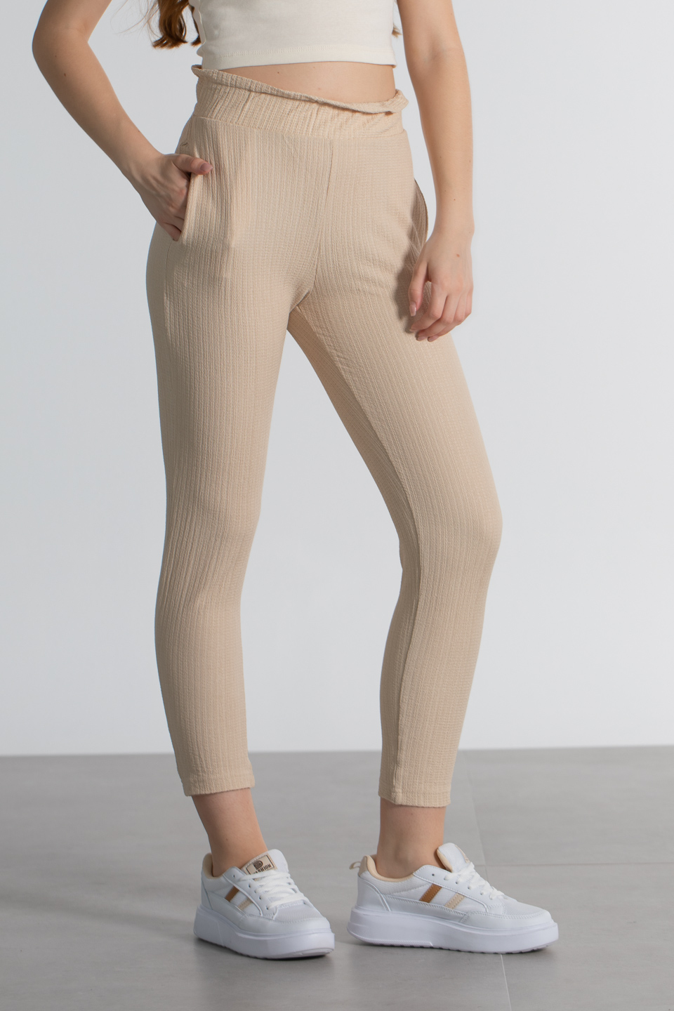 Beli lastikli bürümcük pantolon-3490 Taş