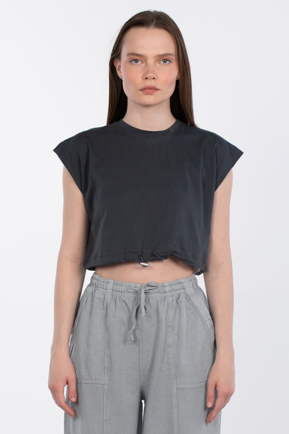 Beli lastikli crop t-shirt-5587 Antrasit