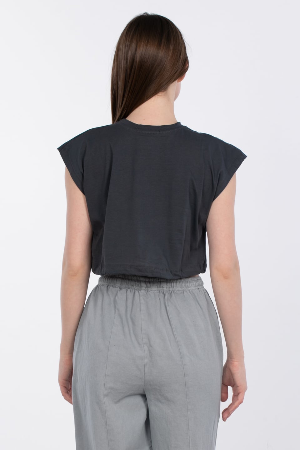 Beli lastikli crop t-shirt-5587 Antrasit