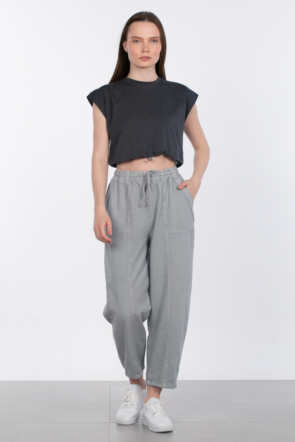 Beli lastikli crop t-shirt-5587 Antrasit