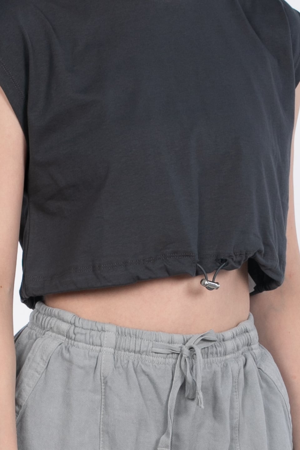 Beli lastikli crop t-shirt-5587 Antrasit